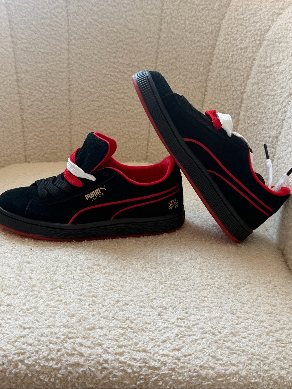 Puma Kids Black Suede Sneakers with Red Trim